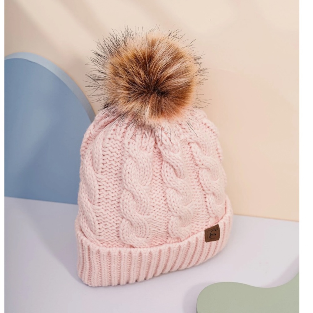 Pink Cable Knit Beanie Hat Faux Fur Pom Pom  100% Acrylic - Picture 2 of 11